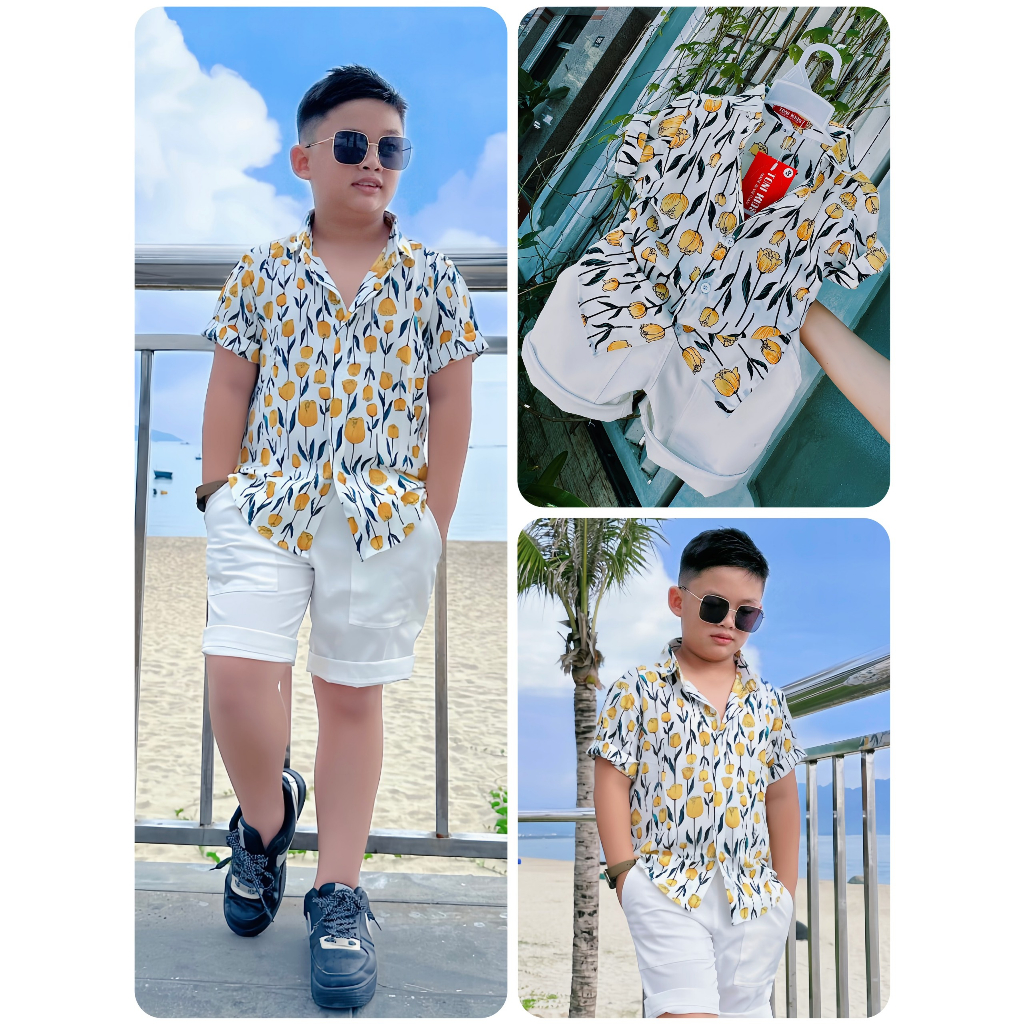 Set bộ đồ áo sơ mi họa tiết vàng quần lửng trắng cho bé đi học đi chơi đi tiệc đi biển vải đẹp dáng đẹp size đại 12-52kg