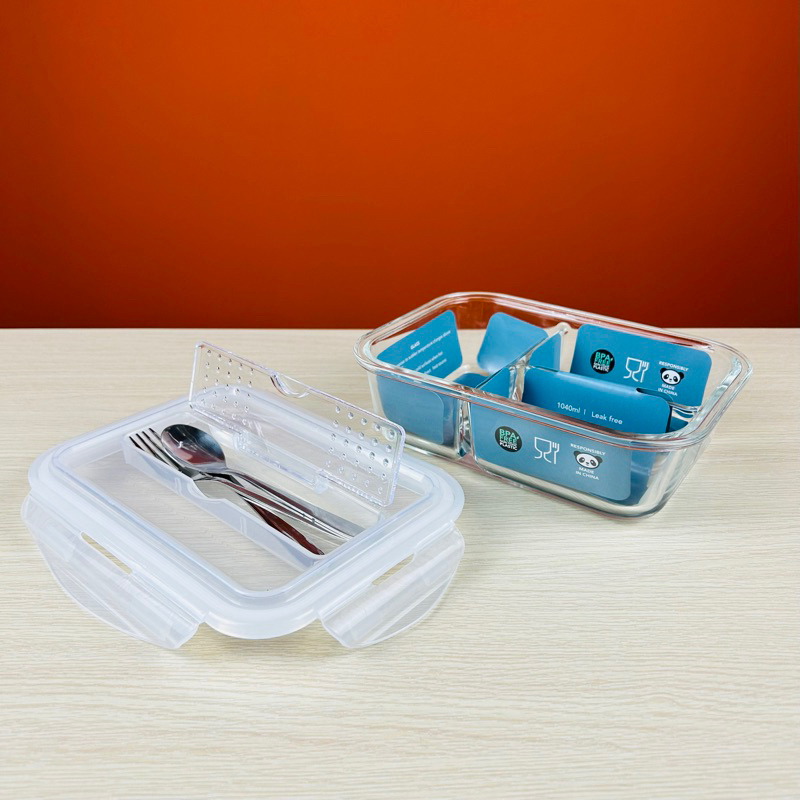 Hộp đựng cơm thủy tinh chia ngăn cao cấp Yeahcook Glass Box 3 ngăn kèm bộ thìa dĩa dao nắp hộp tiện lợi
