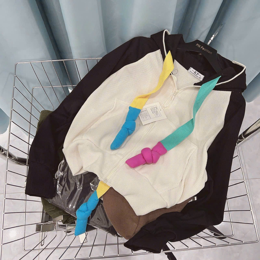 Áo khoác nữ chất LEN GÂN QC tay phối raplan thiết kế nón rộng tay xỏ ngón dây kéo cao - shopmap