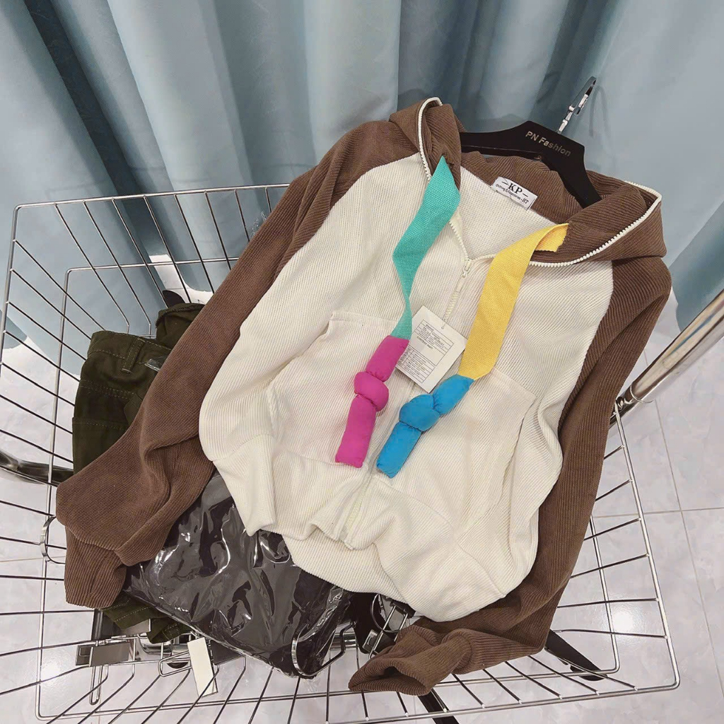 Áo khoác nữ chất LEN GÂN QC tay phối raplan thiết kế nón rộng tay xỏ ngón dây kéo cao - shopmap