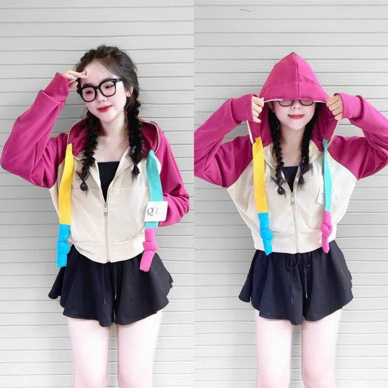 Áo khoác nữ chất LEN GÂN QC tay phối raplan thiết kế nón rộng tay xỏ ngón dây kéo cao - shopmap