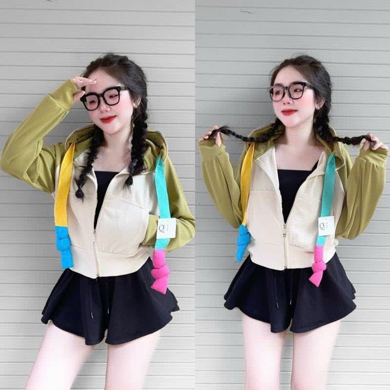 Áo khoác nữ chất LEN GÂN QC tay phối raplan thiết kế nón rộng tay xỏ ngón dây kéo cao - shopmap