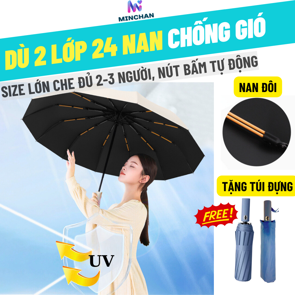 🌂Ô Dù Chống Gió Cỡ Lớn 24 Nan 12 Nan Đôi Xuất Nhật Mở Tự Động Phủ Vinyl 2 Lớp Che Mưa, Che Nắng Chống tia UV Mingroup