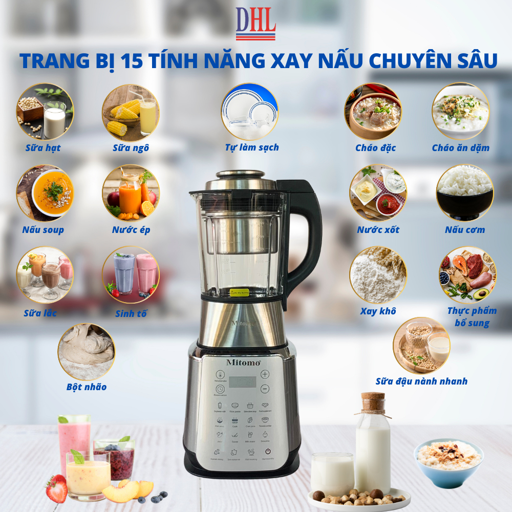 Máy làm sữa hạt, nấu cháo Mitomo MSH-539V1, Công suất 1800W - Bảo hành 3 năm