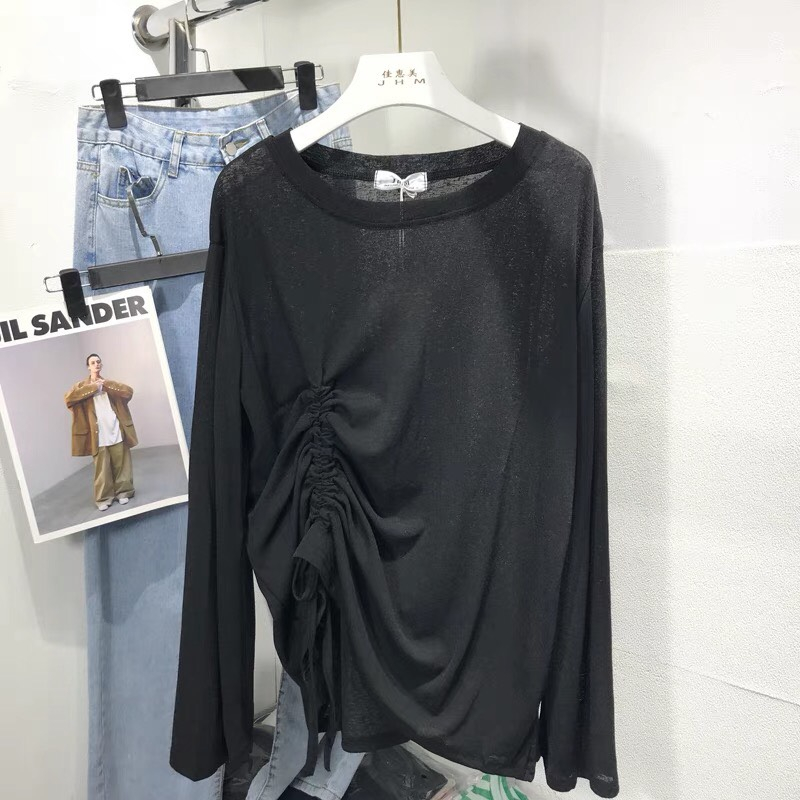 Áo thun rút cạnh sườn rúm eo dài tay, trễ vai quyến rũ mặc 4 mùa