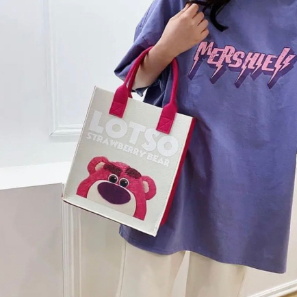 Prettypell Túi Tote Đeo Vai Đa Năng In Hình Gấu Dâu Tây Dễ Thương Bằng Vải Nỉ Phong Cách Hàn Quốc|HD96