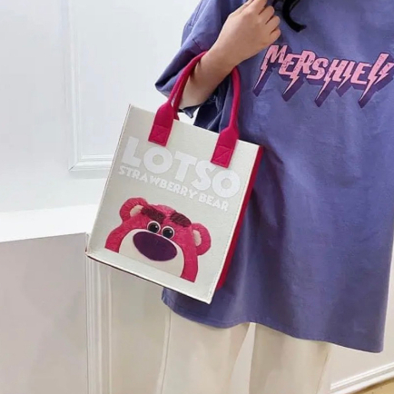 Prettypell Túi Tote Đeo Vai Đa Năng In Hình Gấu Dâu Tây Dễ Thương Bằng Vải Nỉ Phong Cách Hàn Quốc|HD96