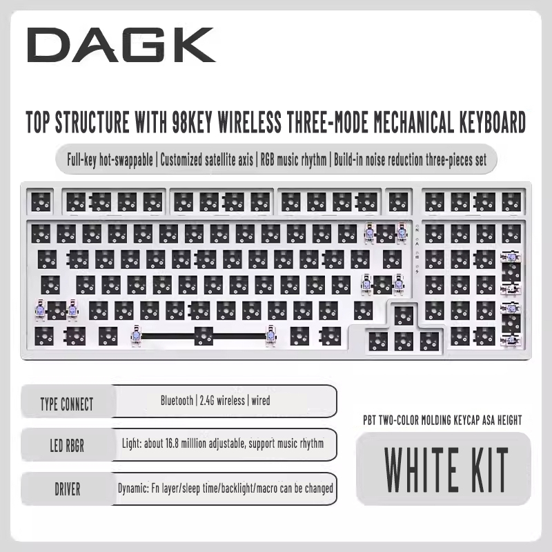 Bàn phím cơ DAGK 6098 3 mode 2.4G Bluetooth wired RGB hot-swap 5pin, có phần mềm custom