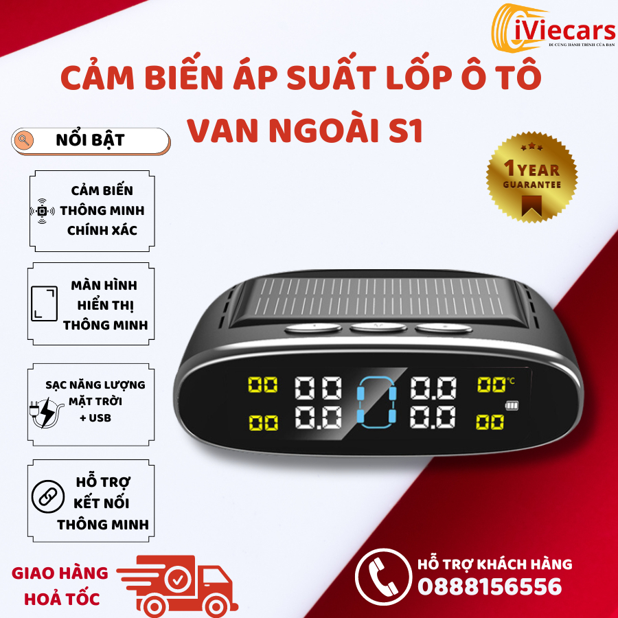 Cảm Biến Áp Suất Lốp Ô Tô Van Ngoài S1 Chính Hãng IViecars Cảnh Báo Giọng Nói, Sạc Năng Lượng Mặt Trời Màn Hình LCD