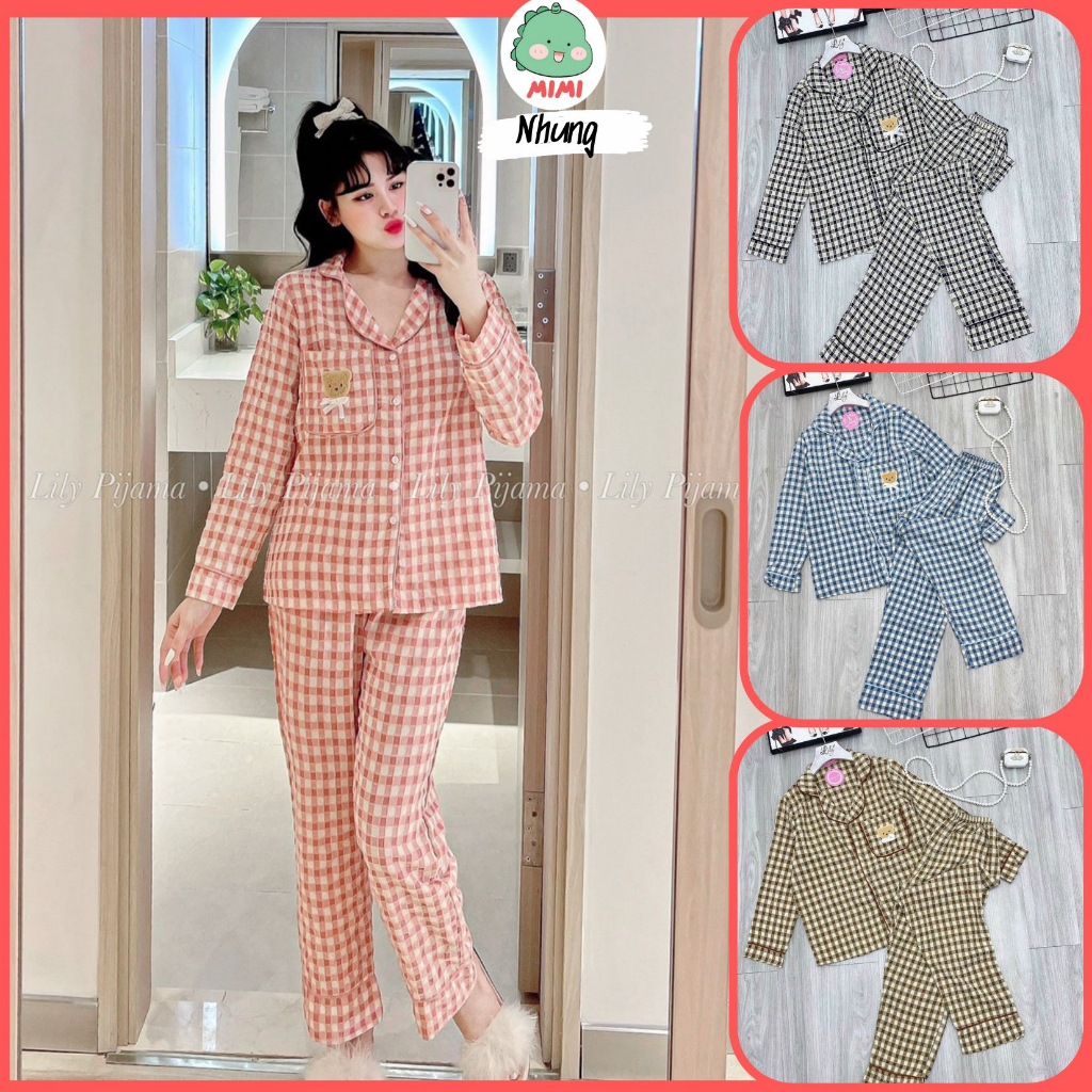 Set bộ mặc nhà Pyjama kẻ caro gấu dễ thương chất nhung mềm cao cấp MiMi