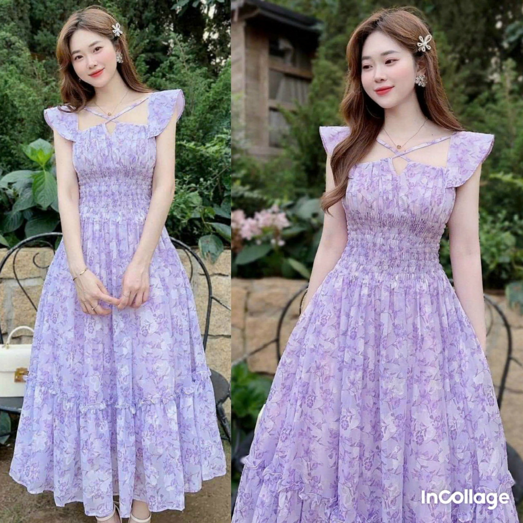Đầm voan hoa xòe dây chéo ngực chạy mocking eo kiểu dáng xinh xắn trẻ trung