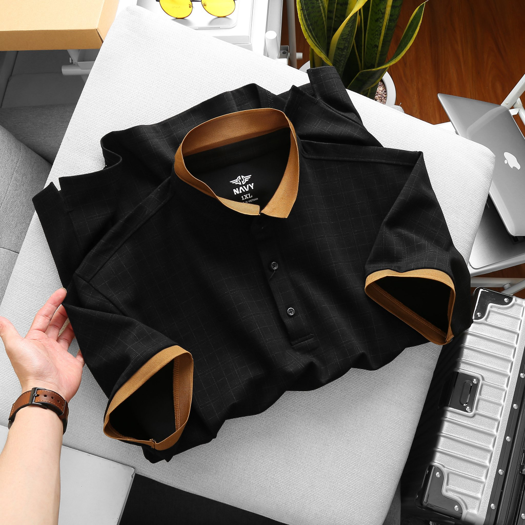 BIGSIZE NAM 80-140KG ÁO POLO ĐEN PHỐI NÂU Ô VUÔNG 2BIG NAVY STAR