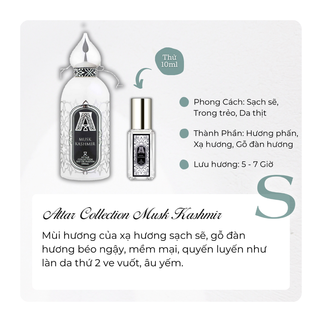 Musk Kashmir - Mẫu thử nước hoa - Xạ Hương - Mềm Mại, Sạch Sẽ, Tối Giản