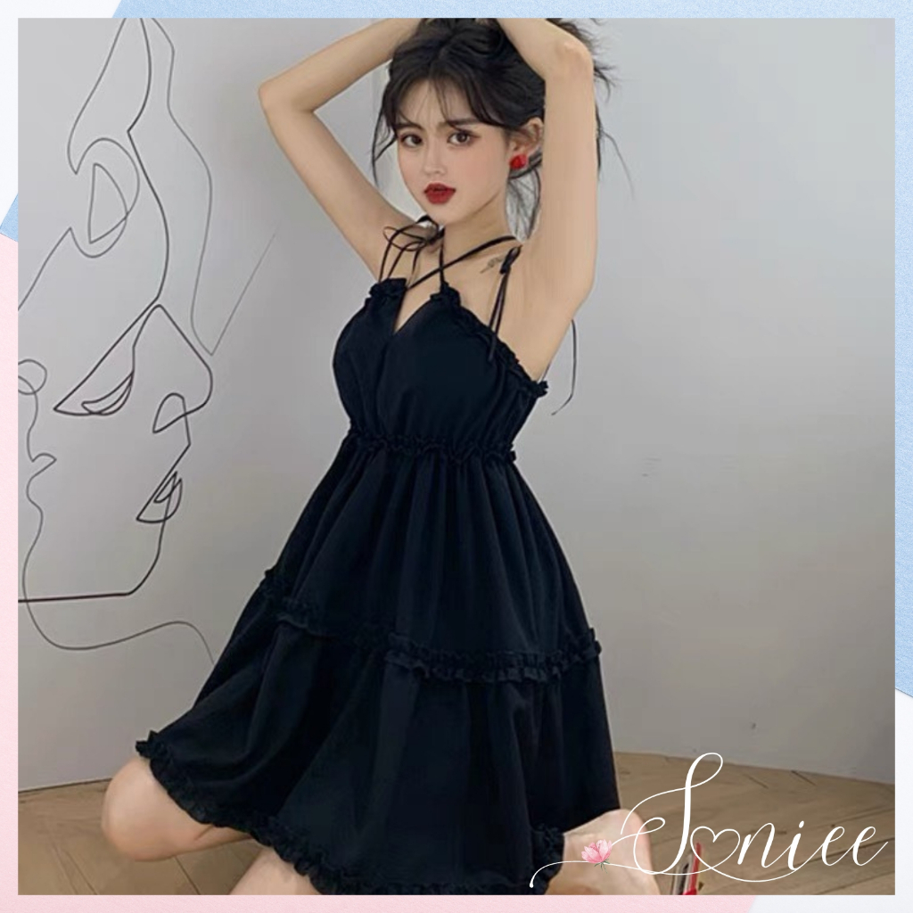 Váy 2 dây nữ trễ vai đen đầm nữ ulzzang đen sexy kèm dây buộc cổ chất liệu đũi mềm mịn không nhăn Saniee Clother