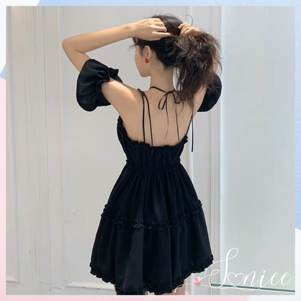 Váy 2 dây nữ trễ vai đen đầm nữ ulzzang đen sexy kèm dây buộc cổ chất liệu đũi mềm mịn không nhăn Saniee Clother