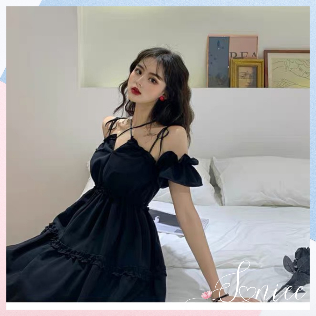 Váy 2 dây nữ trễ vai đen đầm nữ ulzzang đen sexy kèm dây buộc cổ chất liệu đũi mềm mịn không nhăn Saniee Clother