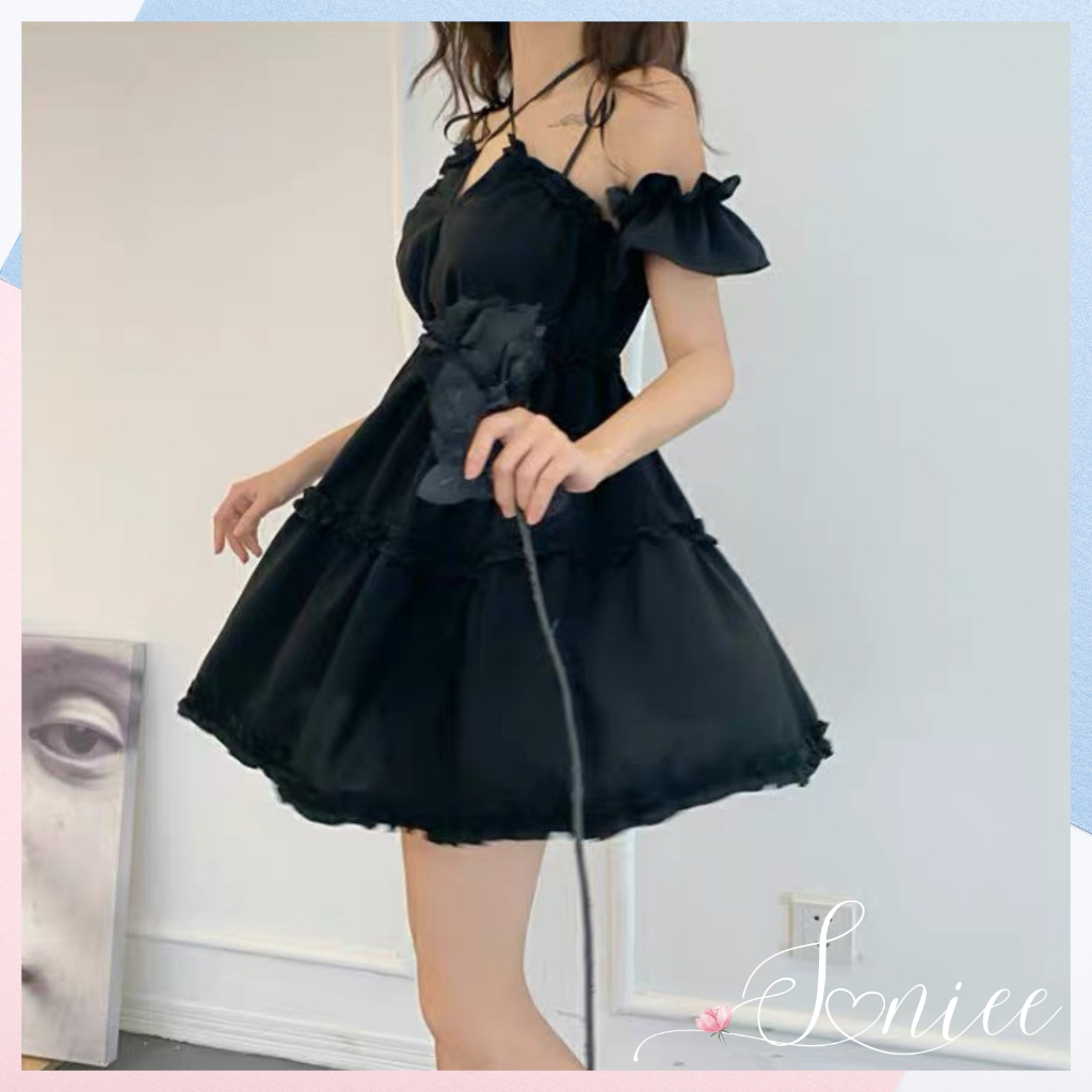 Váy 2 dây nữ trễ vai đen đầm nữ ulzzang đen sexy kèm dây buộc cổ chất liệu đũi mềm mịn không nhăn Saniee Clother