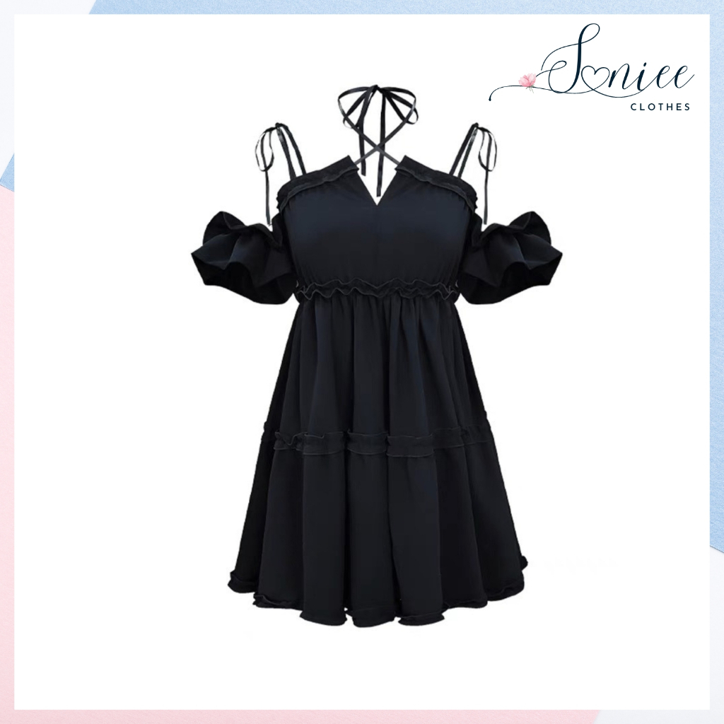 Váy 2 dây nữ trễ vai đen đầm nữ ulzzang đen sexy kèm dây buộc cổ chất liệu đũi mềm mịn không nhăn Saniee Clother