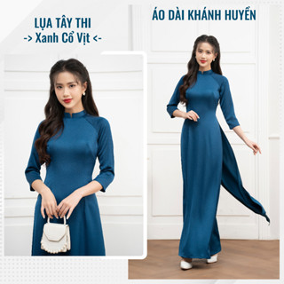 Áo dài nữ Xanh cổ vịt trơn 2 tà, duyên dáng thanh lịch vải lụa tây thi cao cấp - Áo Dài Khánh Huyền