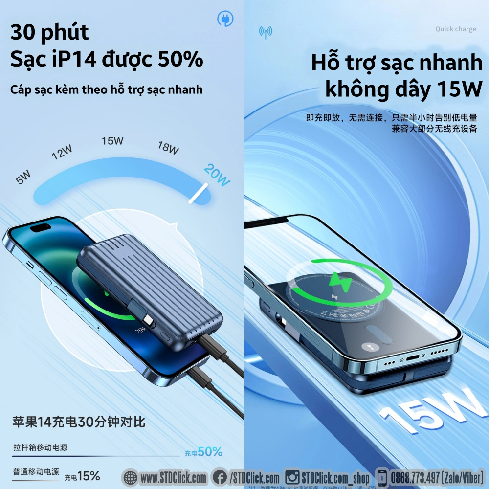 PIN SẠC DỰ PHÒNG WIWU TRUNK CHÍNH HÃNG 10.000MAH - 20.000MAH HỔ TRỢ SẠC KHÔNG DÂY NAM CHÂM 15W CHO IP 13, 14 VÀ 15 SERI