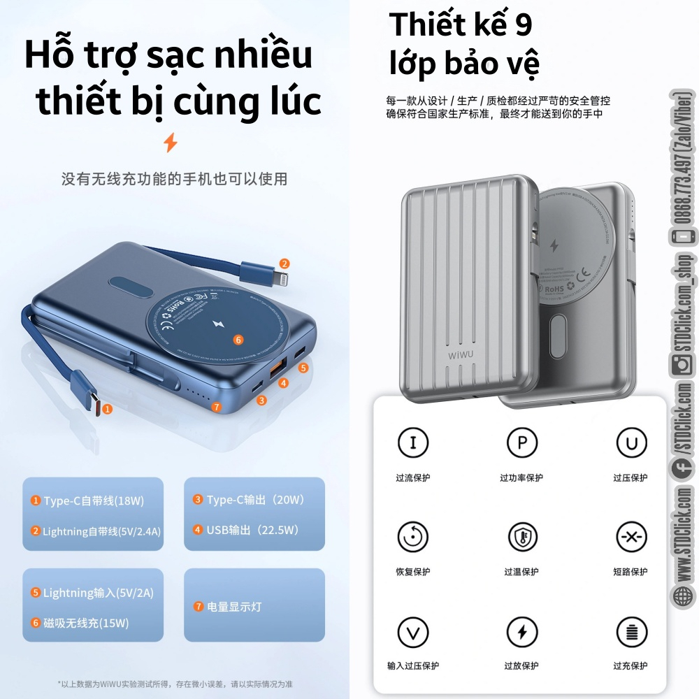 PIN SẠC DỰ PHÒNG WIWU TRUNK CHÍNH HÃNG 10.000MAH - 20.000MAH HỔ TRỢ SẠC KHÔNG DÂY NAM CHÂM 15W CHO IP 13, 14 VÀ 15 SERI