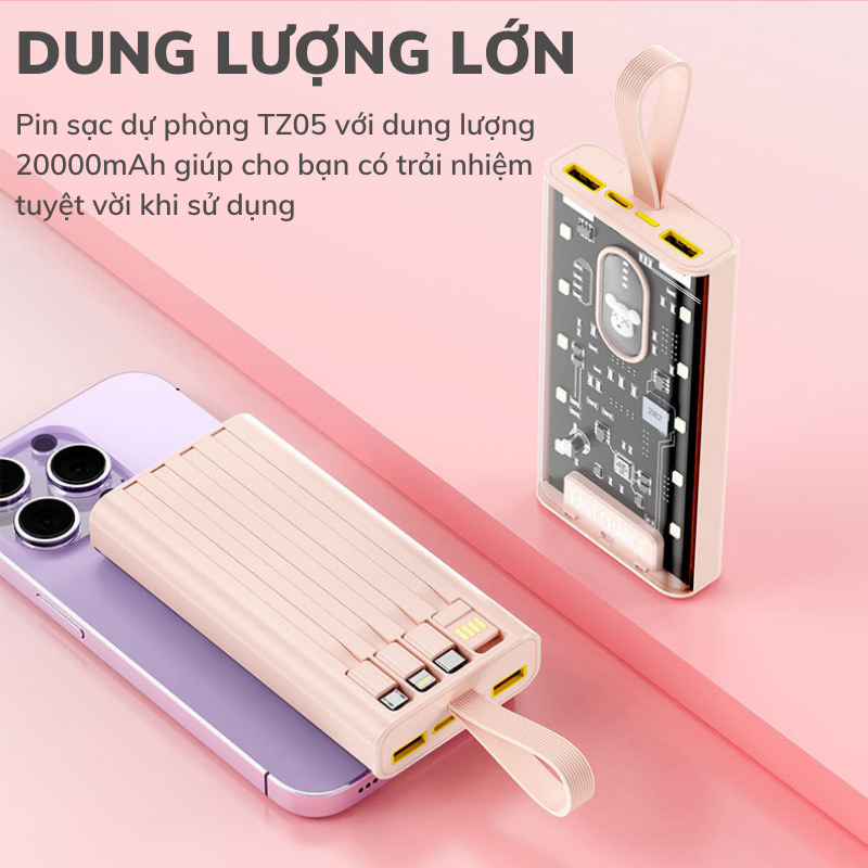 Sạc Dự Phòng 20000mah TZ05 ,Chính hãng Techzone, Tích hợp sạc nhanh 20W PD, Sạc Không Nóng Máy TECHMALL.STORE