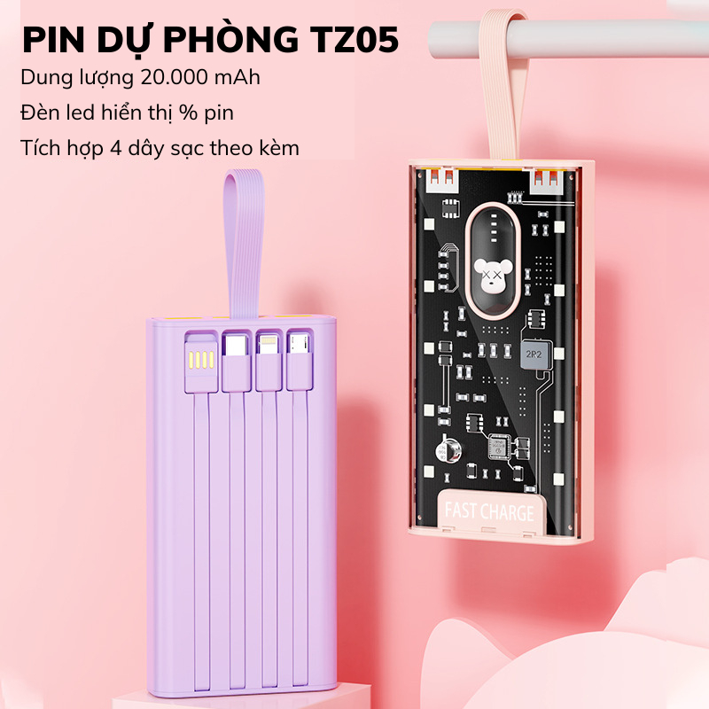 Sạc Dự Phòng 20000mah TZ05 ,Chính hãng Techzone, Tích hợp sạc nhanh 20W PD, Sạc Không Nóng Máy TECHMALL.STORE