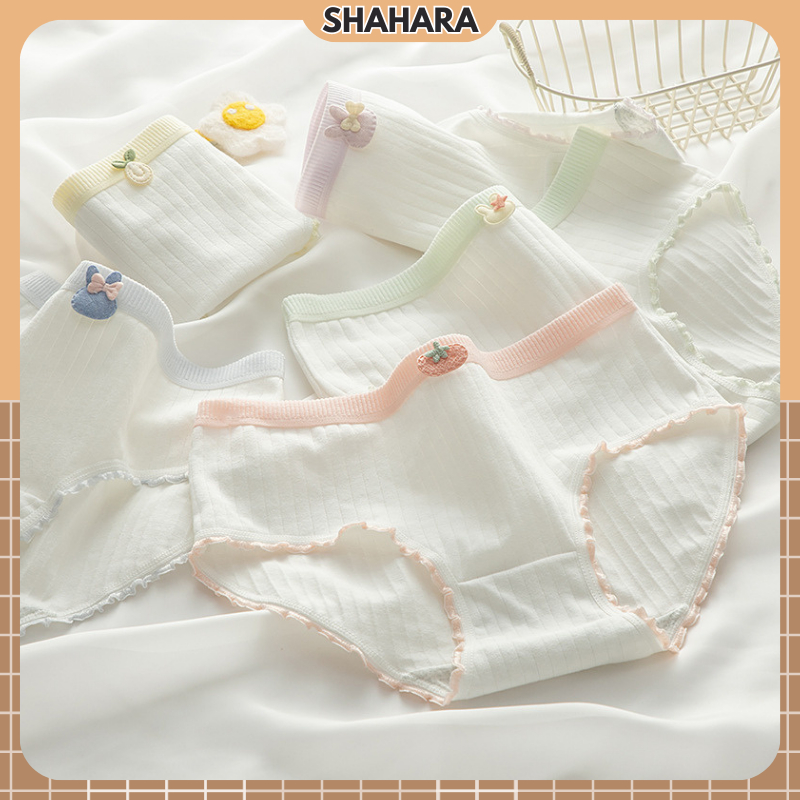 Quần Lót Cotton Nữ Phối Viền Bèo Nhún Đính Nơ Sticker Đáng Yêu 377