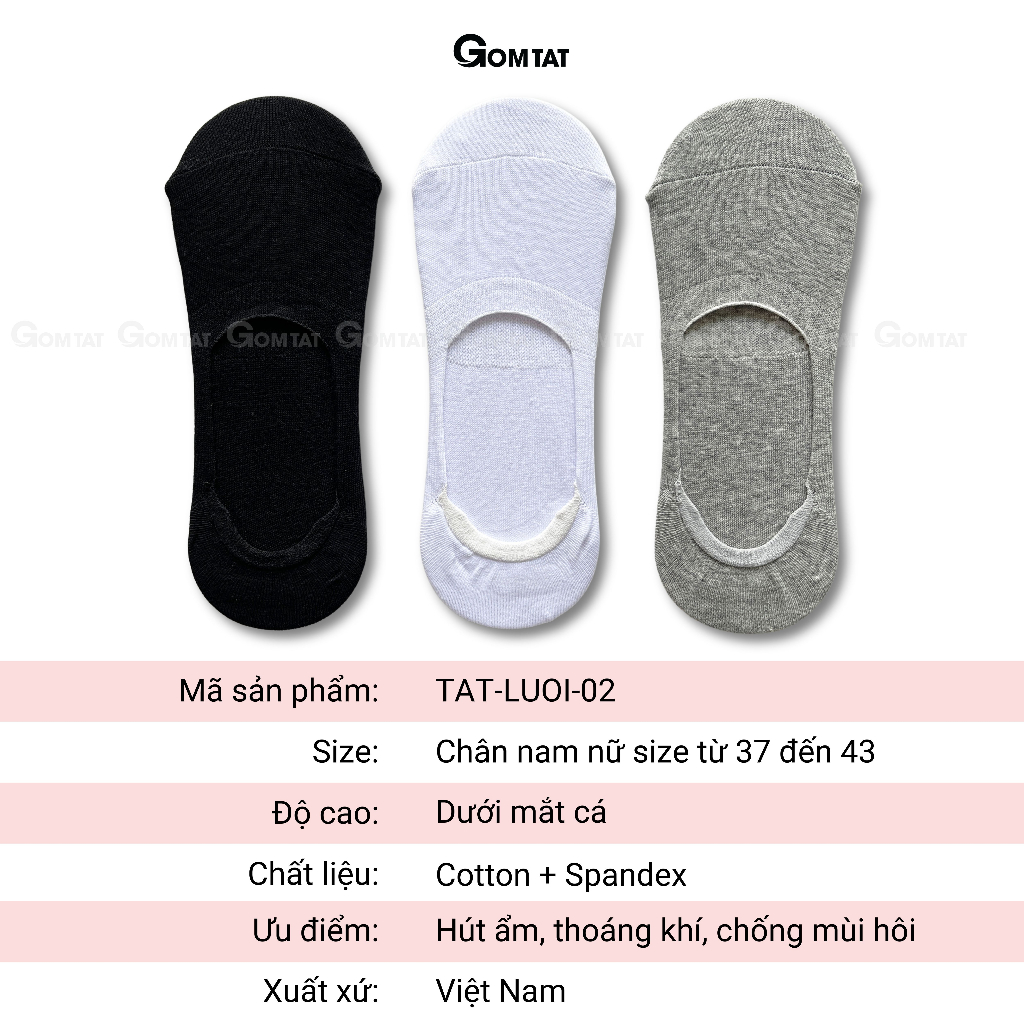 Tất lười nam nữ GOMTAT chất liệu cotton mềm mại, thoáng mát, có đệm cao su chống trượt gót chân  -TAT-LUOI-02