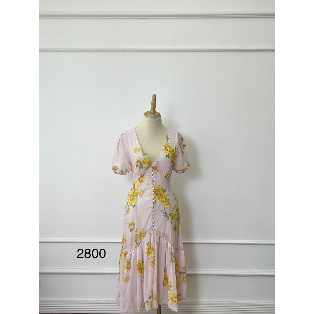 V2800 Váy hoa dài VNXK Hàng hiệu chính hãng thời trang nữ màu vàng hồng size S Secondhand thanh lý ký gửi