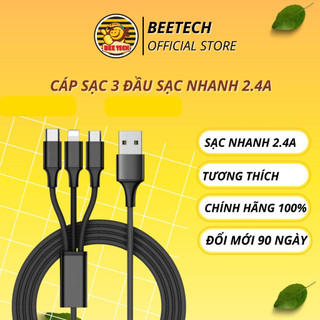 Cáp sạc 3 đầu bọc dù, Dây sạc nhanh đa năng cho điện thoại, loa sử dụng ic zin hãng ... - Beetech