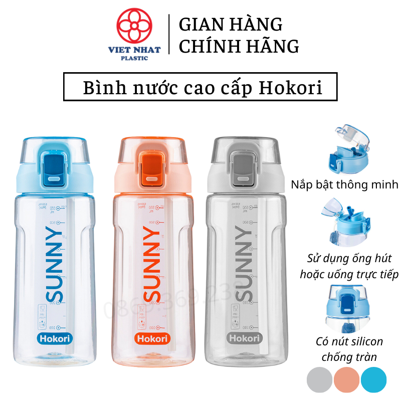Bình nước thể thao có vòi 630ml Sunny Hokori 0084, Bình nước học sinh trong suốt cao cấp - Việt Nhật Plastic HN
