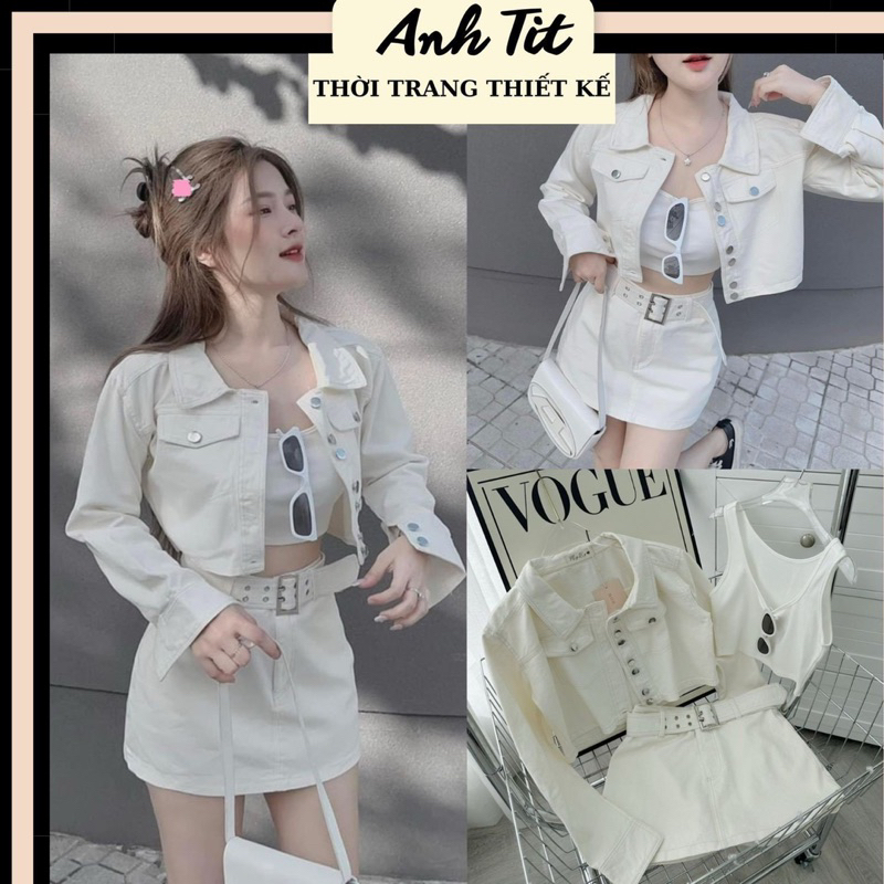 Set 4 Món Jean Trắng Áo Ba Lỗ Áo Khoác Croptop Tay Dài Mix Chân Váy Chữ A Kèm Đai Thắt Chất Dày Dặn - Anh Tít Boutique