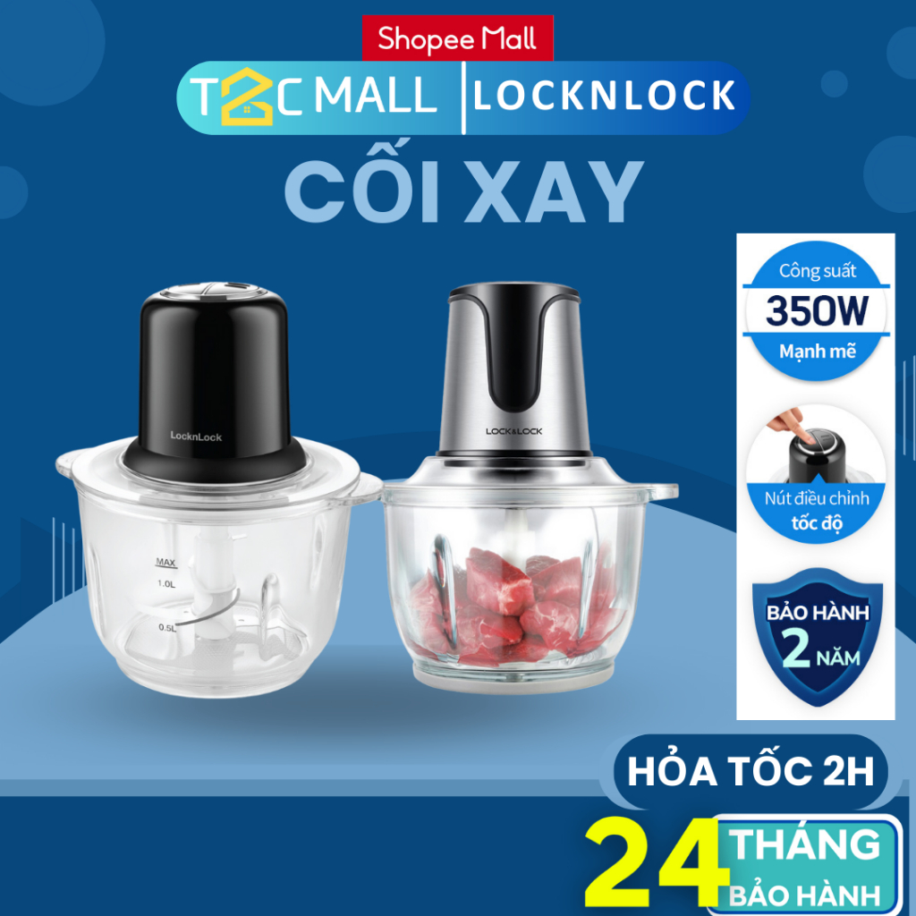 Cối Xay Thịt LocknLock 2L Lưỡi Dao Sắc Kèm 2 Cấp Độ Xay, máy xay thịt Lock&Lock EJM171, EJM116BLK - T2Cmall