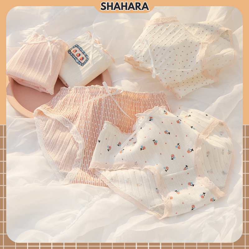 Quần lót gân tăm cotton họa tiết dâu tây nhiều màu cơ bản 345