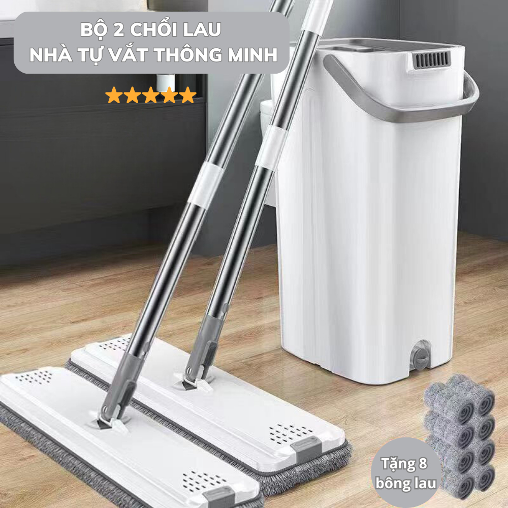Bộ Chổi Lau Nhà Tự Vắt Thông Minh, Chổi Xoay 360 Độ Dễ Dàng Lau Chùi, Thùng 2 Chổi Lau Tiện Lợi Cho Gia Đình
