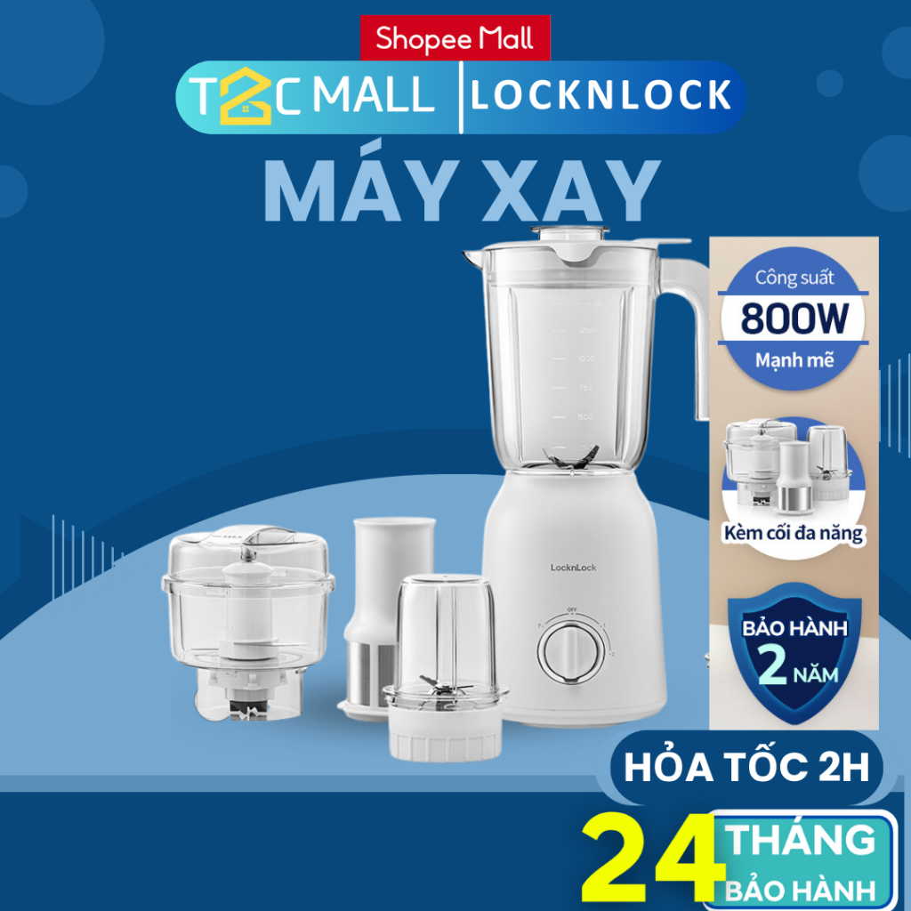 Máy xay sinh tố Locknlock 1.5L - 800W- nghiền nhuyễn đá, có lọc bã hạt và cối xay thịt EJM416WHT Multi Blender - T2CMALL