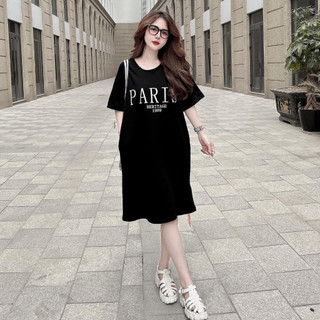 Váy thun dáng dài, đầm suông bầu chất cotton Gemmy Shop in chữ Paris
