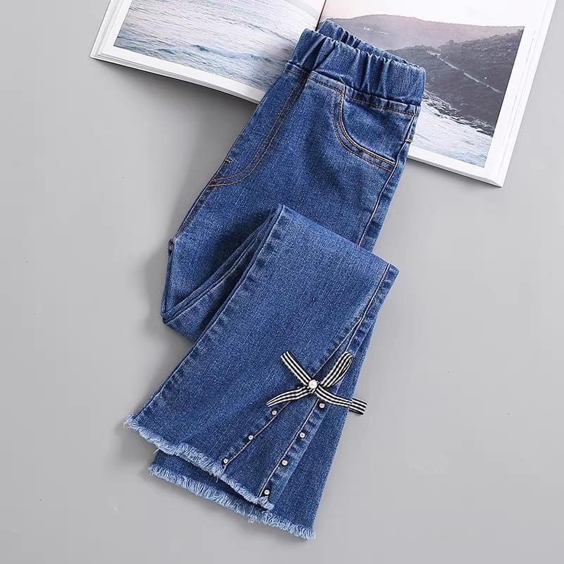 Quần jean bé gái loe ống phối Ren Nơ Kẻ siêu HOT cho bé size từ 18kg - 50kg