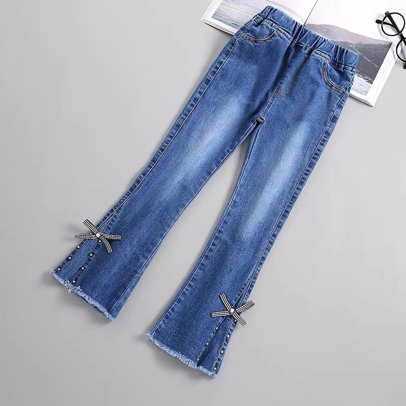 Quần jean bé gái loe ống phối Ren Nơ Kẻ siêu HOT cho bé size từ 18kg - 50kg