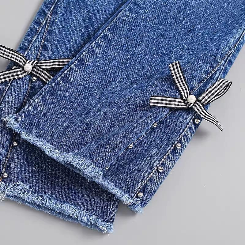 Quần jean bé gái loe ống phối Ren Nơ Kẻ siêu HOT cho bé size từ 18kg - 50kg