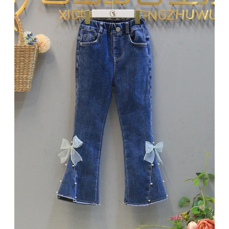 Quần jean Loe ống nơ Đính Ngọc HOTTREN 2023 cho bé 18-50kg