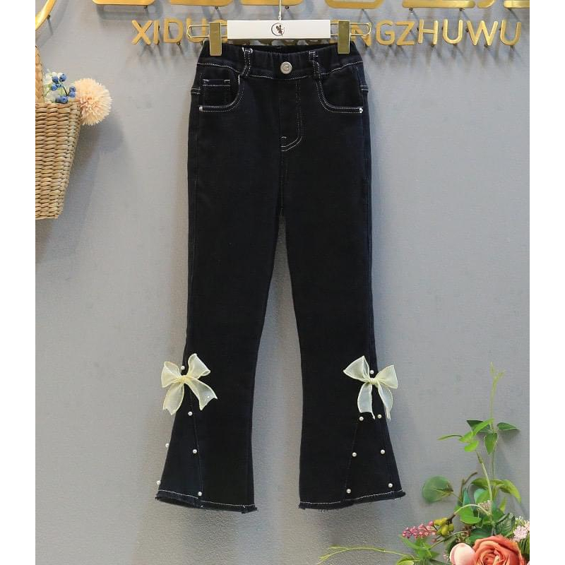 Quần jean Loe ống nơ Đính Ngọc HOTTREN 2023 cho bé 18-50kg