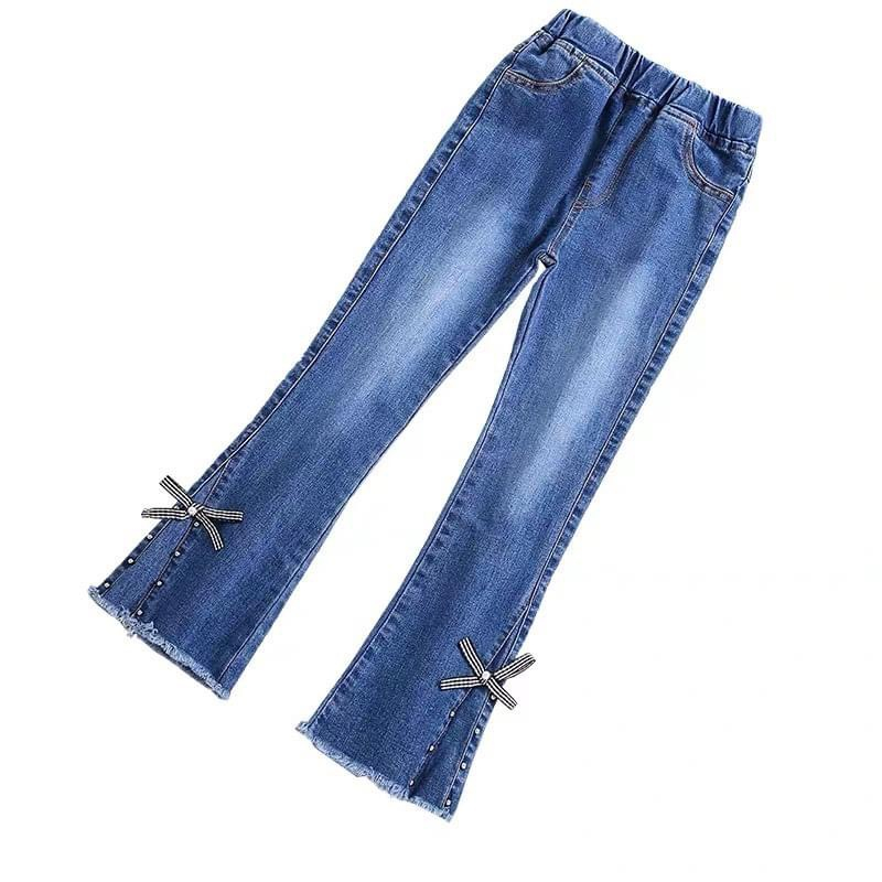 Quần jean bé gái loe ống phối Ren Nơ Kẻ siêu HOT cho bé size từ 18kg - 50kg