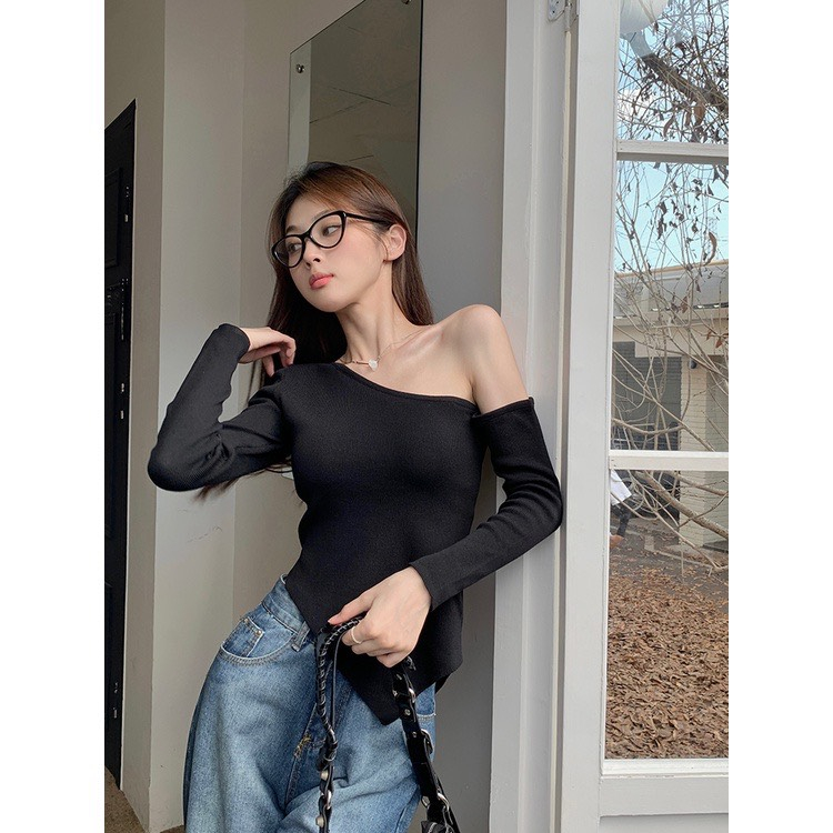 Áo Tay Dài Vạt Chéo, Áo kiểu nữ tay dài thun gân tăm A4