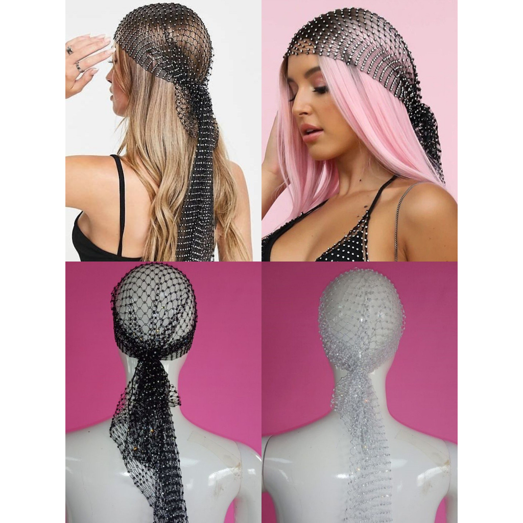 (Sẵn HCM) Khăn lưới đính đá trùm đầu, phụ kiện khăn đính đá bling bling đi sự kiện màu trắng, đen K01