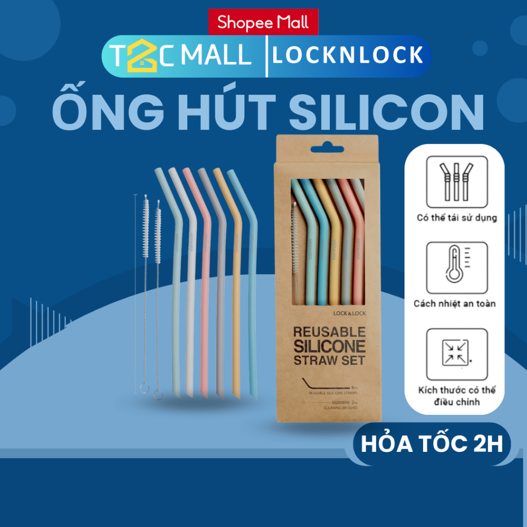 Set 6 Ống Hút Silicone LocknLock Chịu Nhiệt Tốt Kèm 2 Cọ Rửa TLL080 - T2CMall