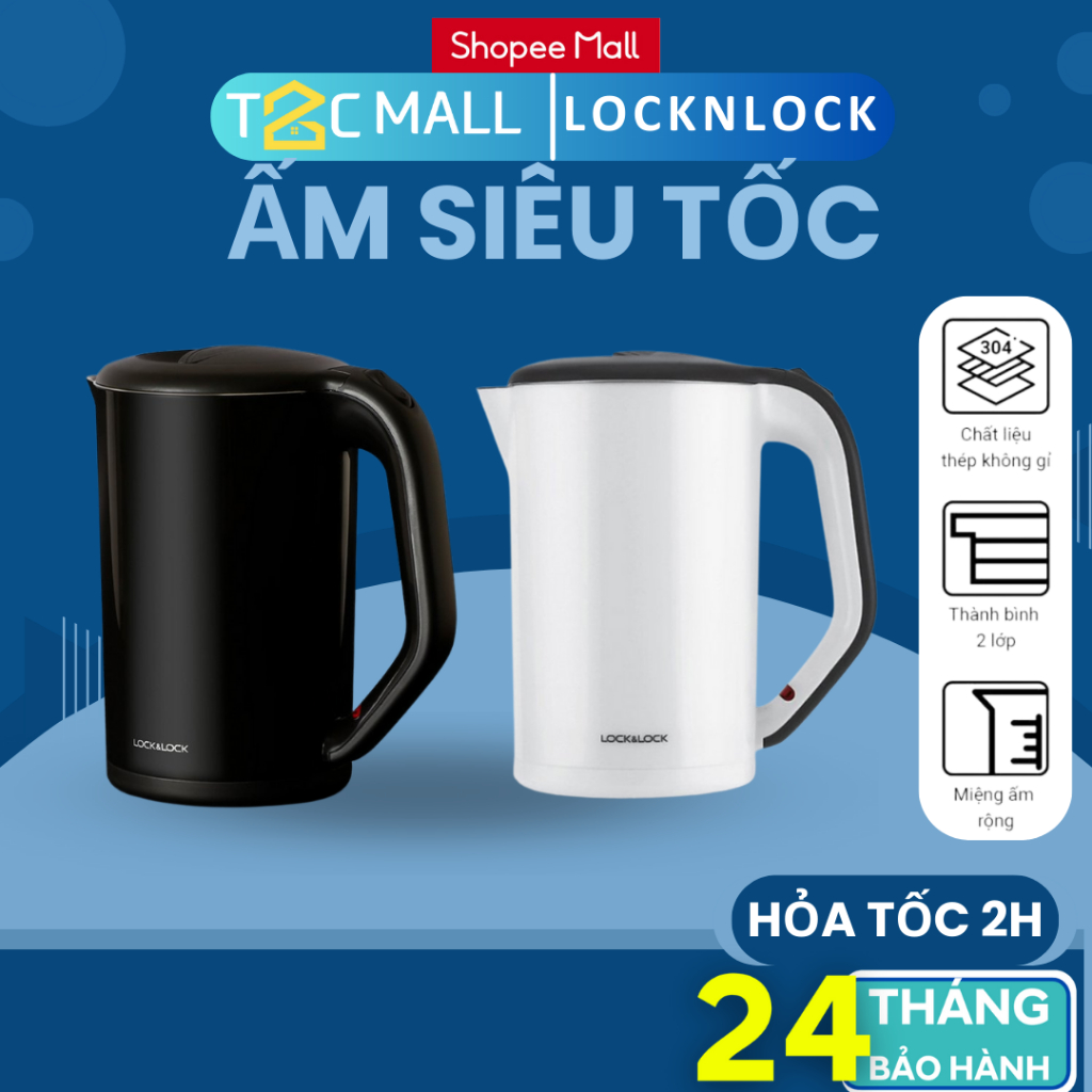 Ấm Đun Siêu Tốc 2 Lớp 1.7L LocknLock m, ấm siêu tốc Lock&Lock EJK738 EJK738BLK EJK738WHT - T2Cmall