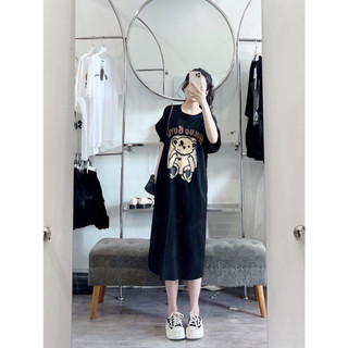 Váy thun dáng dài, đầm suông bầu chất cotton Gemmy Shop in hình Gấu viền