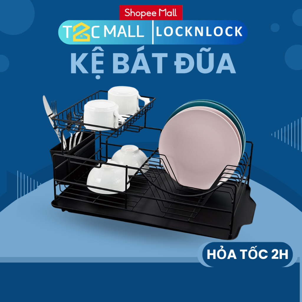 Kệ chén dĩa 2 tầng cứng cáp LocknLock, có khay hứng nước- 2 Tier Dish Rack - màu đen LDR206BLK - T2CMALL
